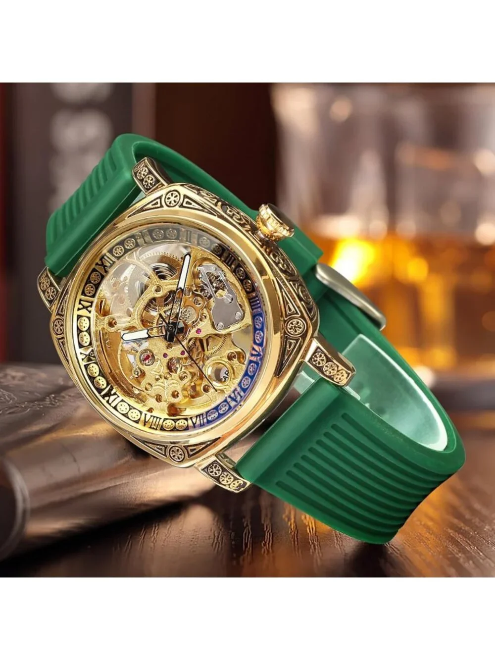 Men's Green Gold Square Mechanical Rubber Strap Self-Wind Carved Automatic Watch